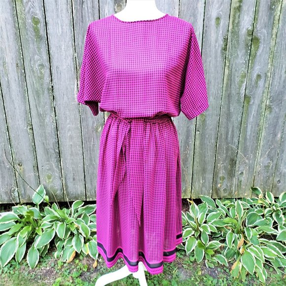 Vintage 80s Toni Todd Pink/Black Houndstooth Dress - Picture 1 of 10